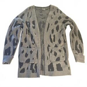 Open Front Cardigan with Pockets Women Size M Gray Black Leopard Print Office